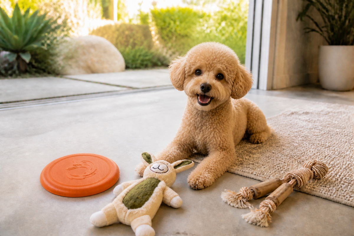 Small teddy poodle with plush, rope, and orange flying disc dog toys for a play-style guide