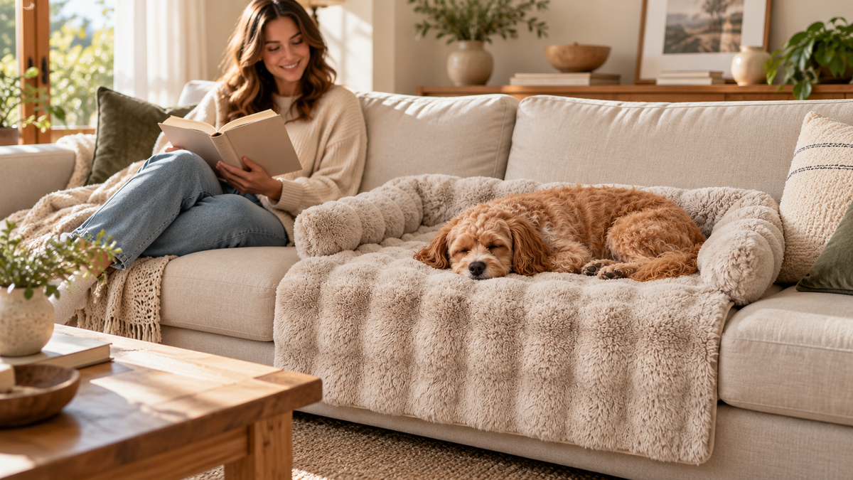 Dog resting on an ivory plush sofa pad beside its owner on a living room sofa