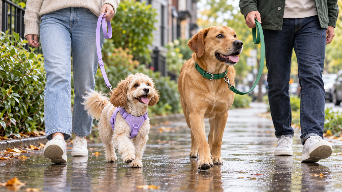 Two dogs walking after rain, one in a lavender harness and one in a green collar