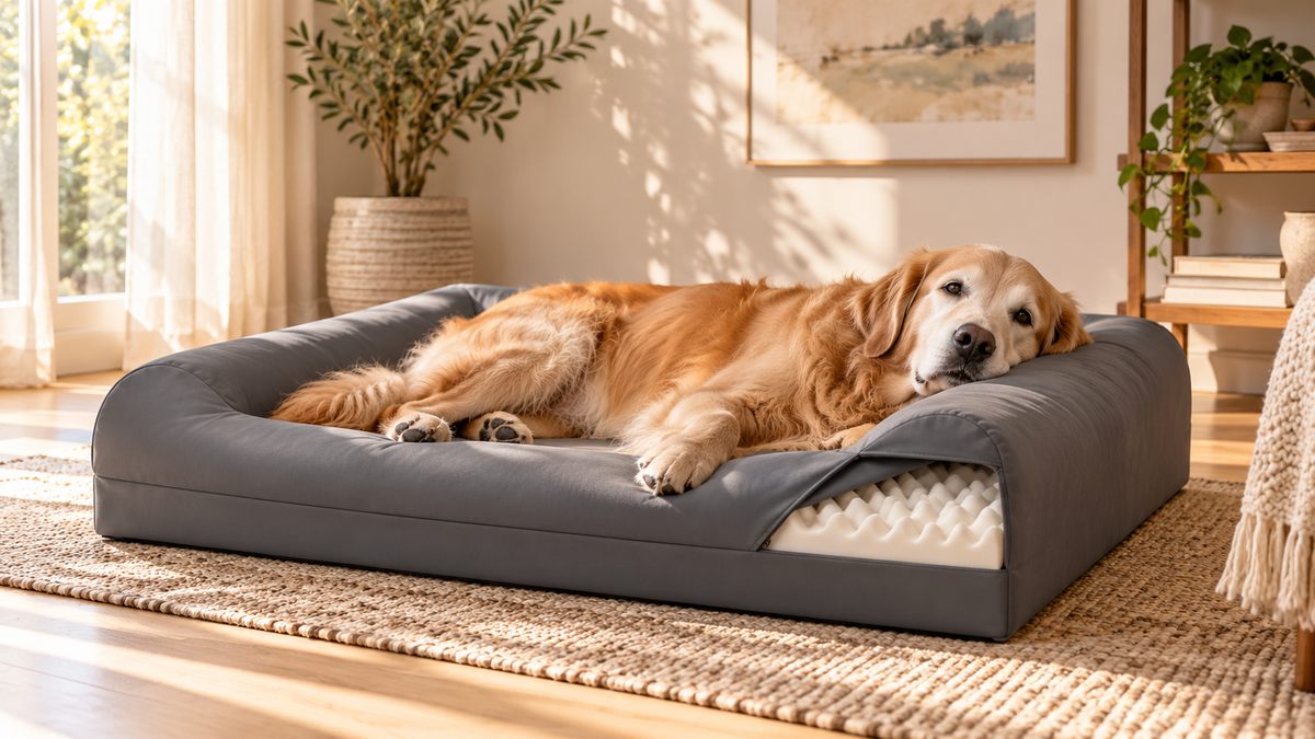 Golden retriever resting in a gray bolster dog bed with the egg-crate foam layer visible