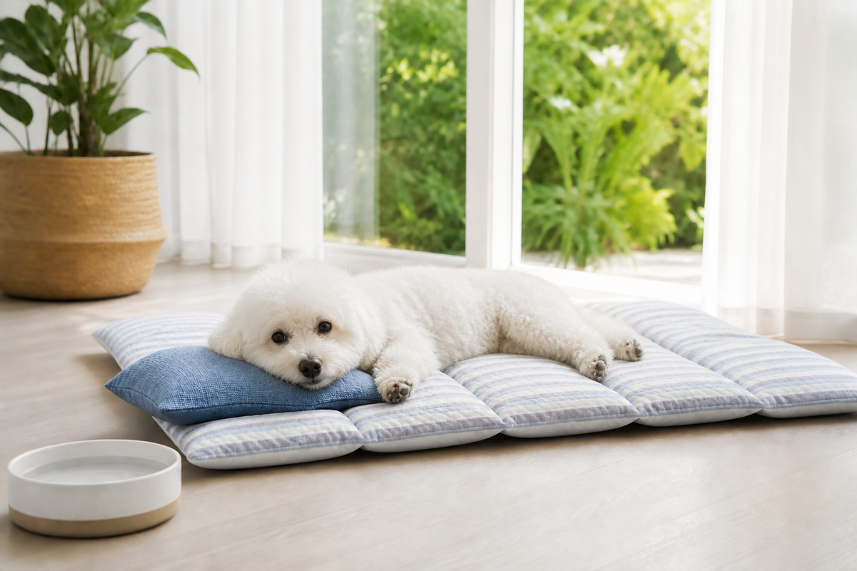 Small Bichon Frise resting on a blue striped dog cooling mat with pillow
