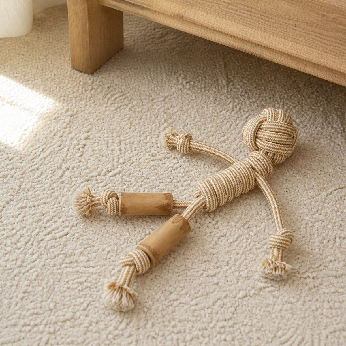 Cotton Rope & Wood Dog Chew Toys — Natural Tug Set