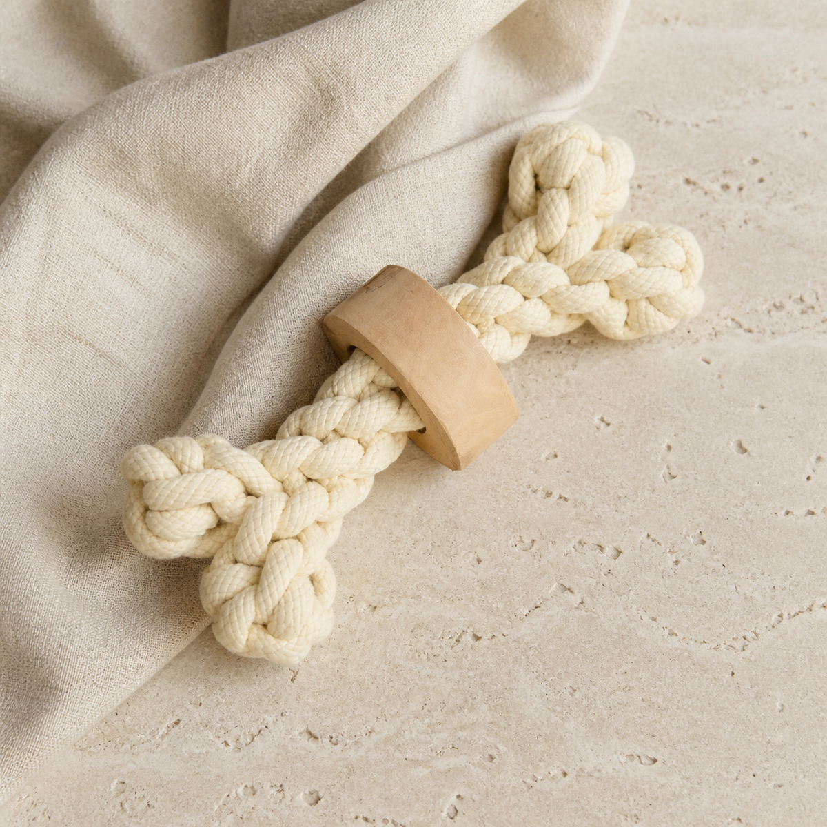 Cotton Rope & Wood Dog Chew Toys — Natural Tug Set